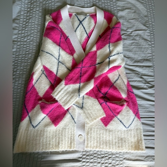 Everlane SuperFuzz Alpaca Cardigan Pink White Argyle Sweater Oversize Medium - Picture 7 of 8